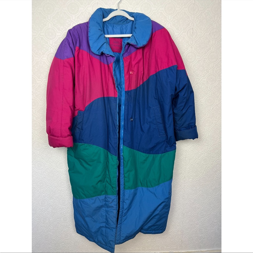 Vintage Longline Winter Coat Color Block Bold Vibrant Puffer Teal Blue Pink 90s